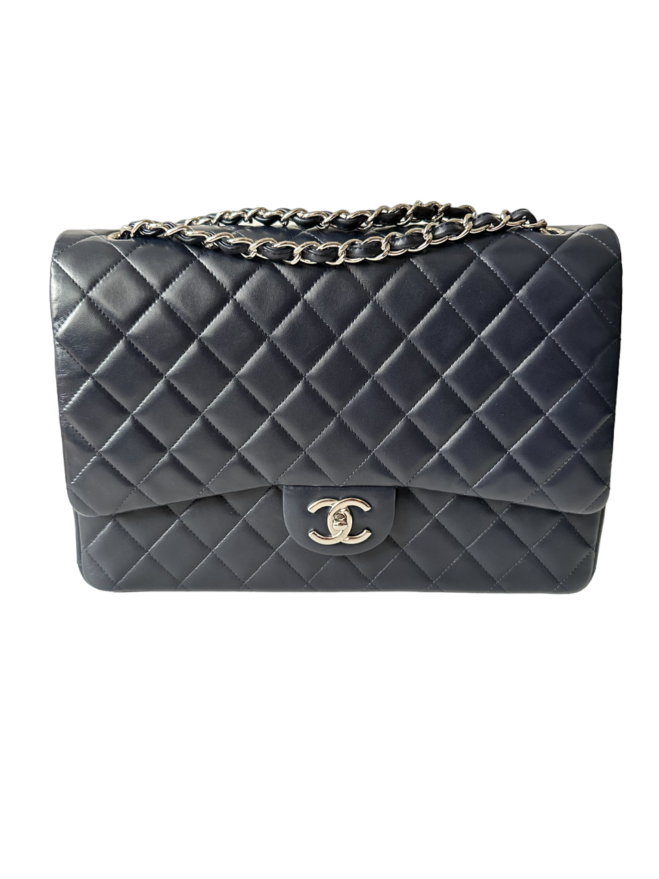 Chanel Maxi Jumbo blu in pelle d'agnello con metalleria palladio